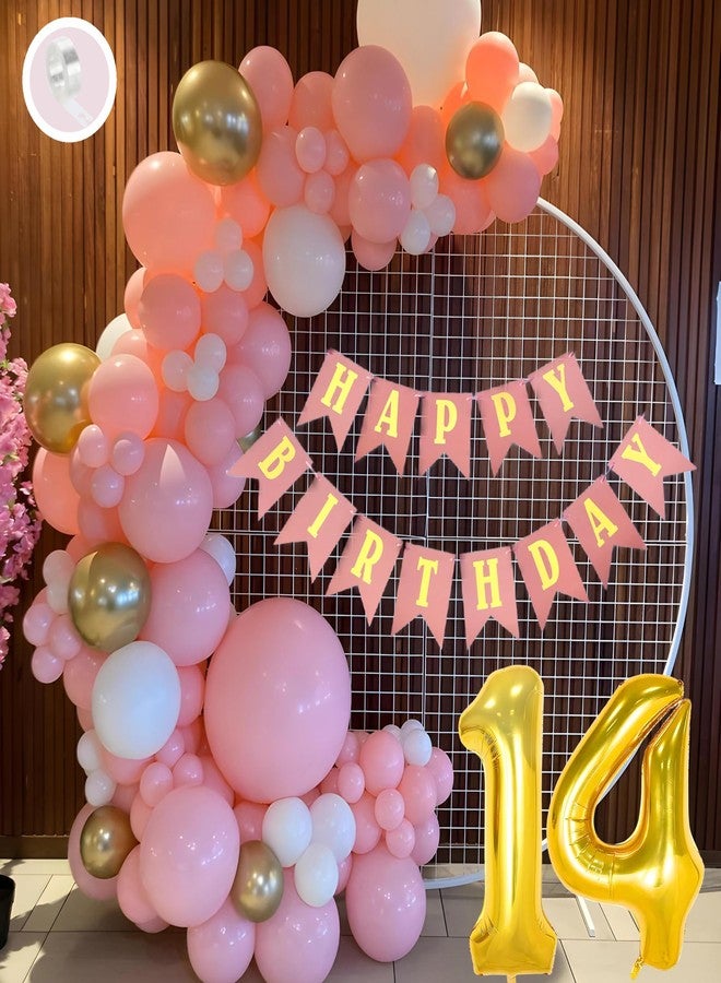 Flyloons 14th Birthday Decoration Items Pink and White Theme Combination for Girls Princes | 30 Pcs Pink White Gold Balloons | Pink Happy Birthday Paper Banner | Arch Tape - Image 1